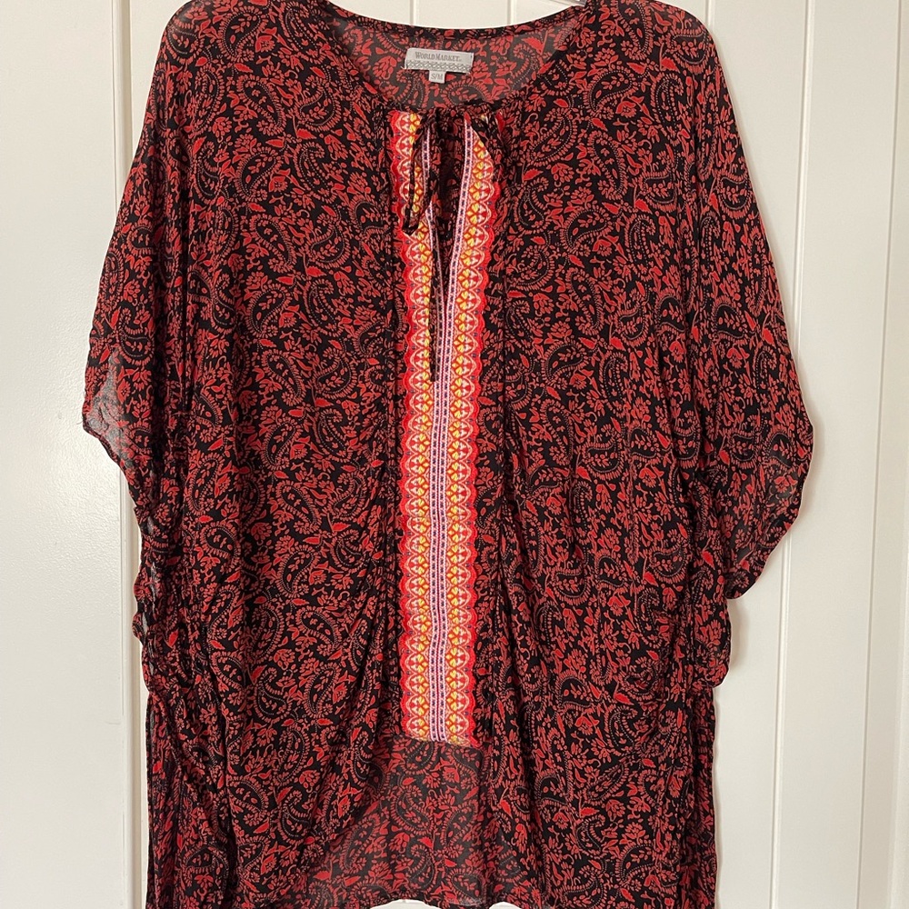Cost Plus World Market Red and Black Dolman Sleeve Tunic
